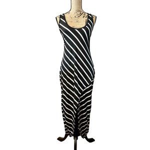 Wesidom Medium Body Con Maxi Dress Black White Stripe front slit Scoop Neck NEW
